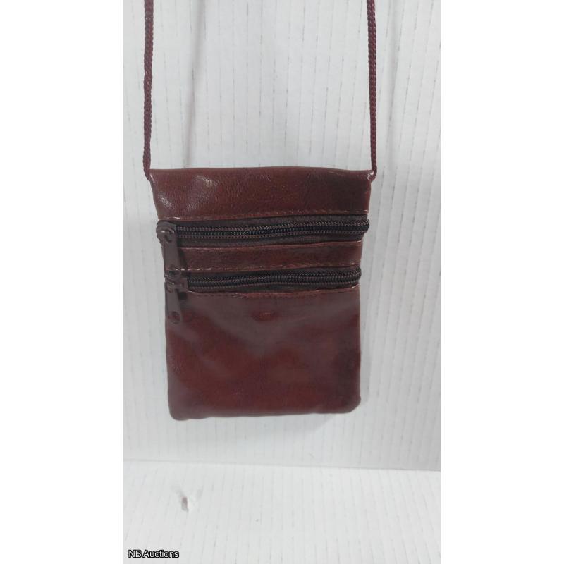 Cross Body Mini Leather Purse w Adjustable Shoulder Strap (3 Zippers/Brown) -  Listing BMPBN